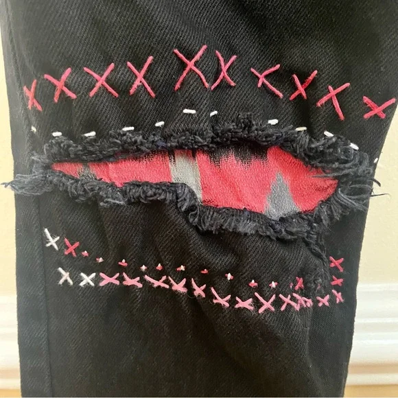 Reformation SAMPLE Julia High Cigarette Jeans Black Destroyed with Knee Patch - Picture 4 of 13